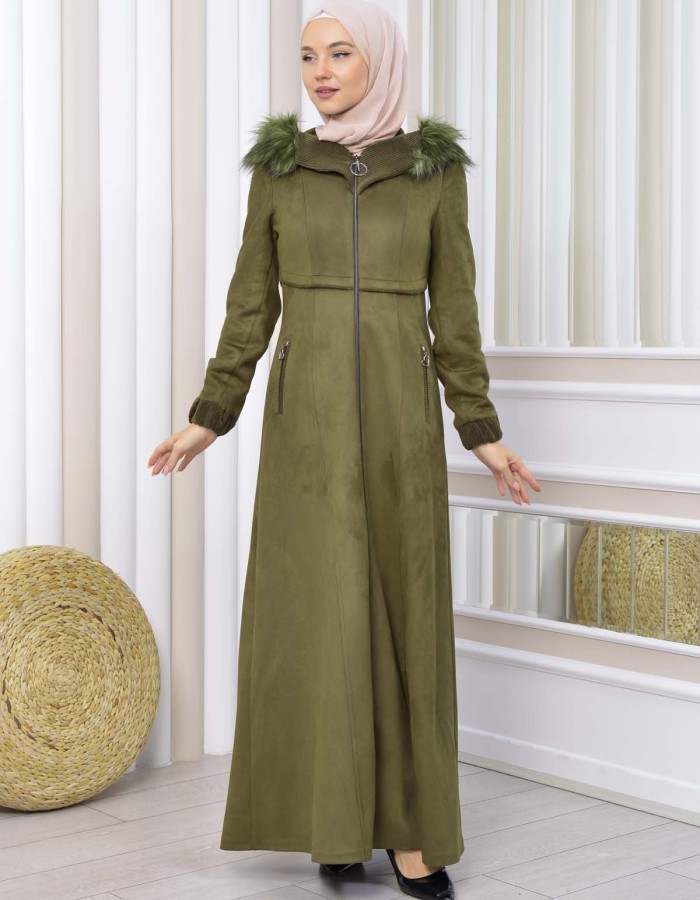 Hooded Zippered Hijab Overcoat 1331 - khaki