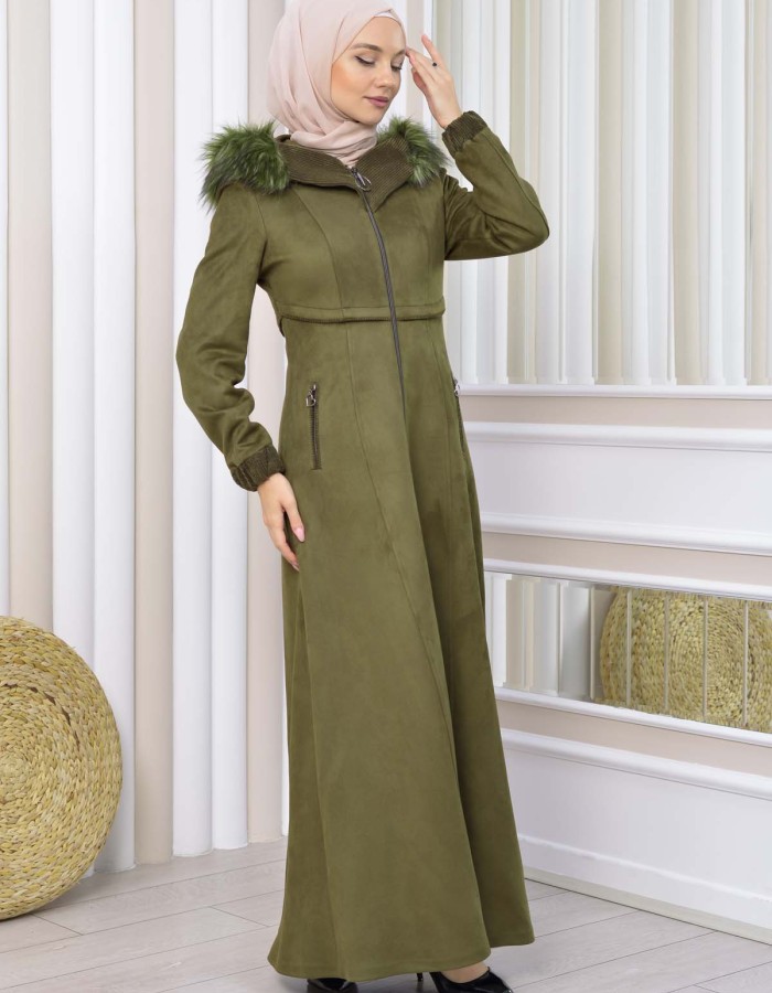 Hooded Zippered Hijab Overcoat 1331 - khaki