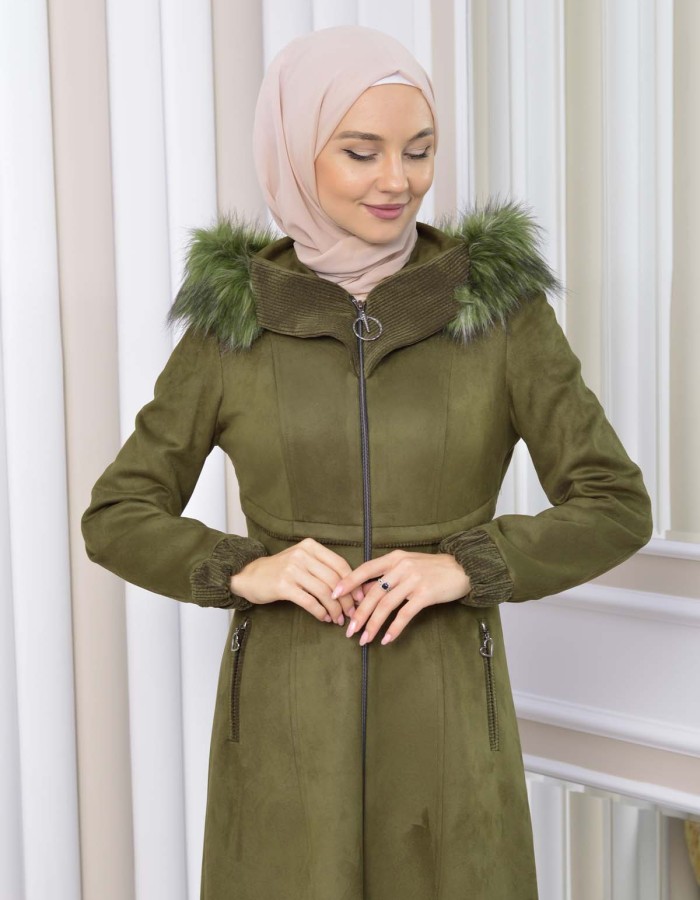 Hooded Zippered Hijab Overcoat 1331 - khaki