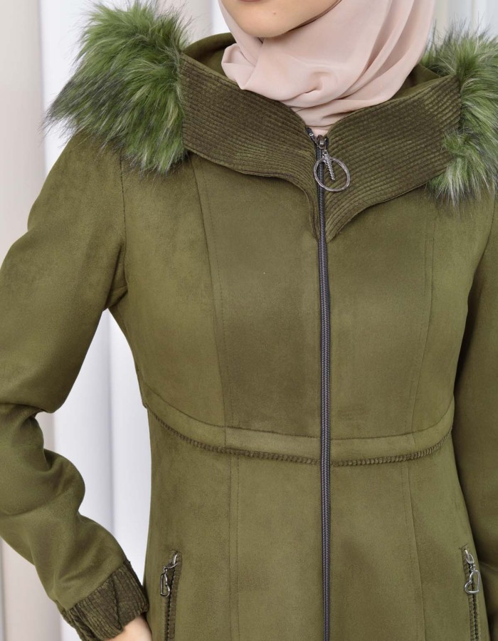 Hooded Zippered Hijab Overcoat 1331 - khaki