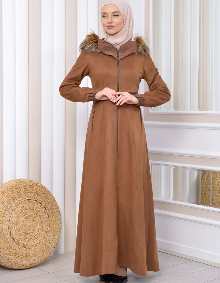 Hooded Zippered Hijab Overcoat 1331 Kahverengi
