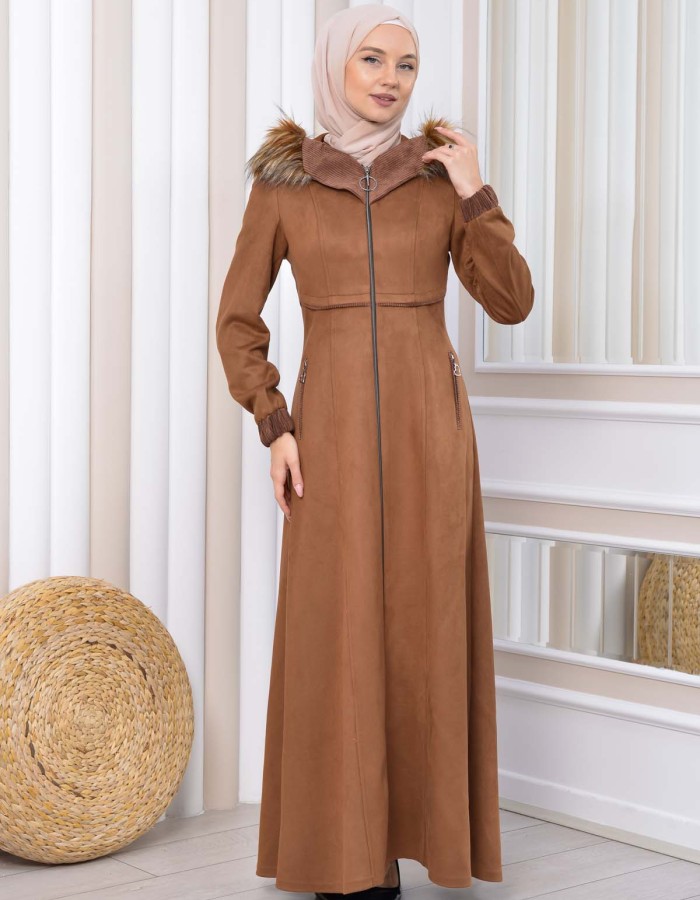 Hooded Zippered Hijab Overcoat 1331 Kahverengi