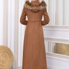 Hooded Zippered Hijab Overcoat 1331 Kahverengi