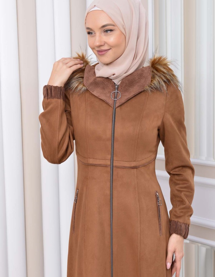 Hooded Zippered Hijab Overcoat 1331 Kahverengi