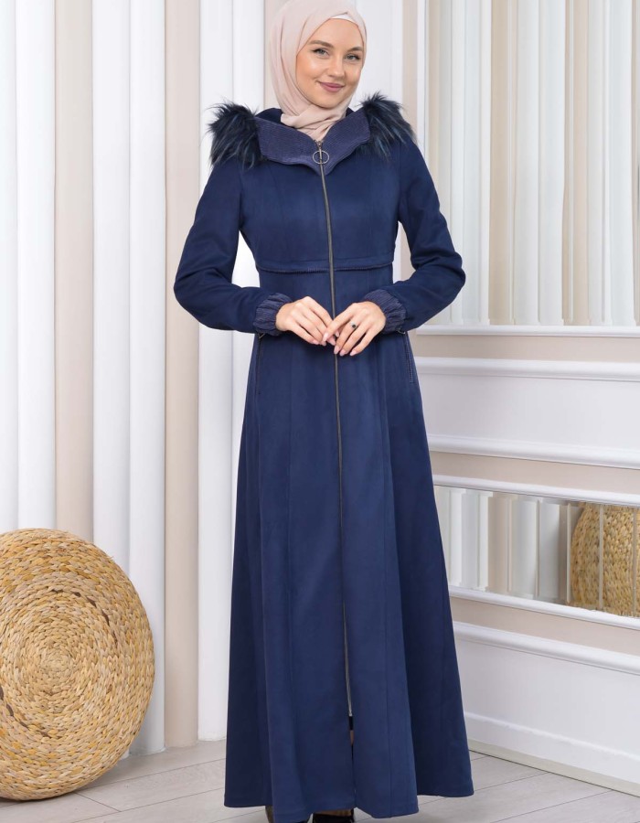 Hooded Zippered Hijab Overcoat 1331 - deep blue