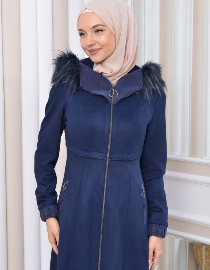 Hooded Zippered Hijab Overcoat 1331 - deep blue