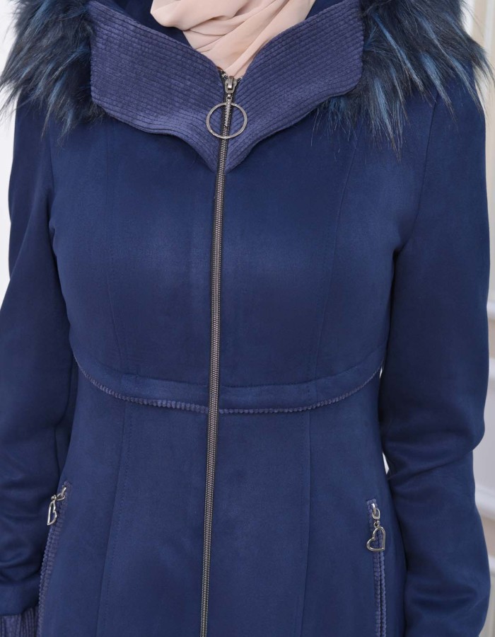 Hooded Zippered Hijab Overcoat 1331 - deep blue