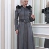 HOODED ZIPPERED HIJAB TOPCOAT 1332 Koyu gri