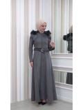 Long Suede Coat with Removable Fur Hood and Belt 1332 - charcoal gray