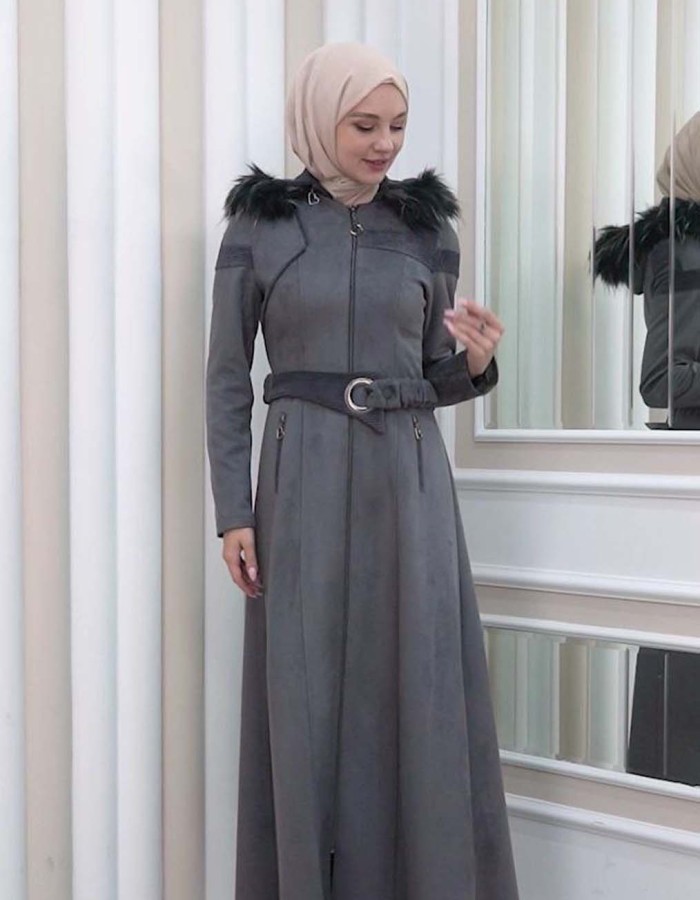 HOODED ZIPPERED HIJAB TOPCOAT 1332 Koyu gri