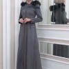 HOODED ZIPPERED HIJAB TOPCOAT 1332 Koyu gri
