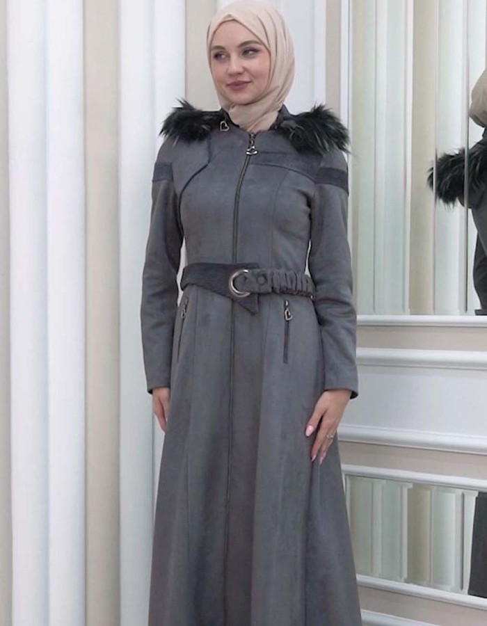 HOODED ZIPPERED HIJAB TOPCOAT 1332 Koyu gri