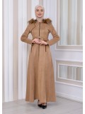 Long Suede Coat with Removable Fur Hood and Belt 1332 - beige