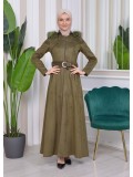 Long Suede Coat with Removable Fur Hood and Belt 1332 - khaki