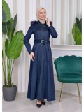 Long Suede Coat with Removable Fur Hood and Belt 1332 - deep blue