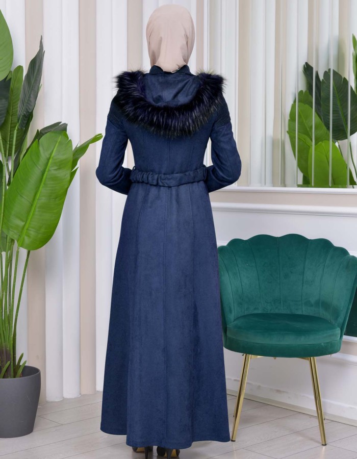 HOODED ZIPPERED HIJAB TOPCOAT 1332 Lacivert