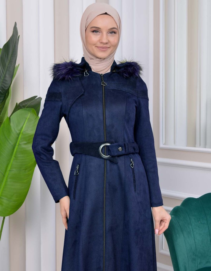 HOODED ZIPPERED HIJAB TOPCOAT 1332 Lacivert