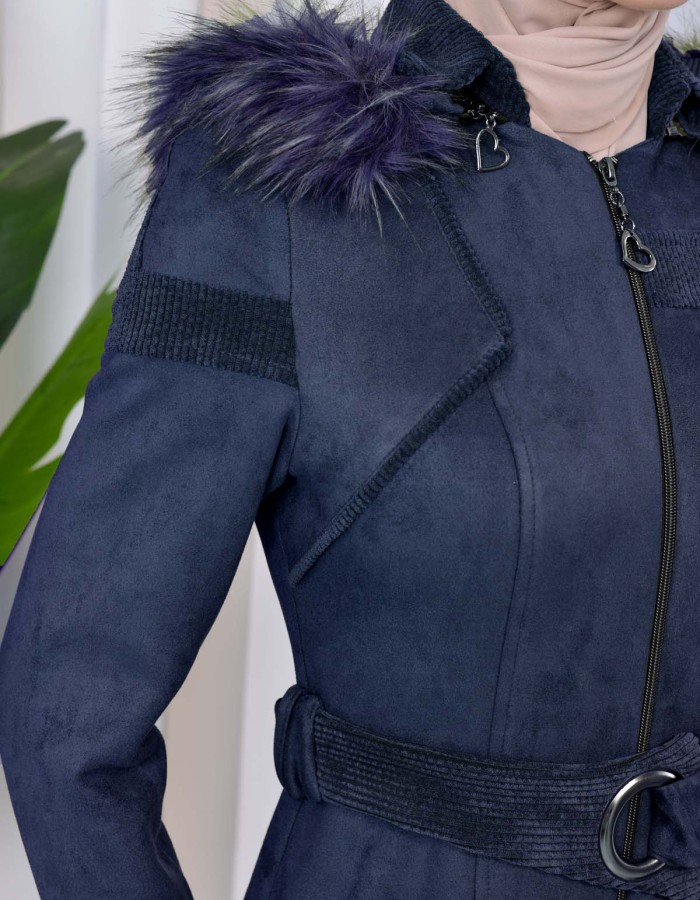 HOODED ZIPPERED HIJAB TOPCOAT 1332 Lacivert