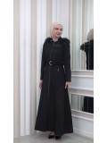 Long Suede Coat with Removable Fur Hood and Belt 1332 - black