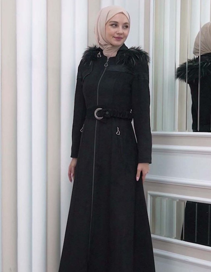 HOODED ZIPPERED HIJAB TOPCOAT 1332 - black