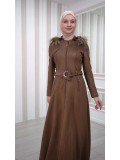 Long Suede Coat with Removable Fur Hood and Belt 1332 - brown