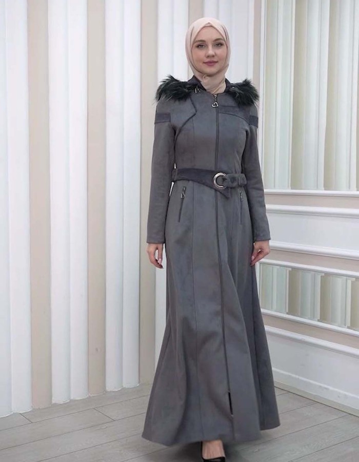 HOODED ZIPPERED HIJAB TOPCOAT 1332 Koyu gri
