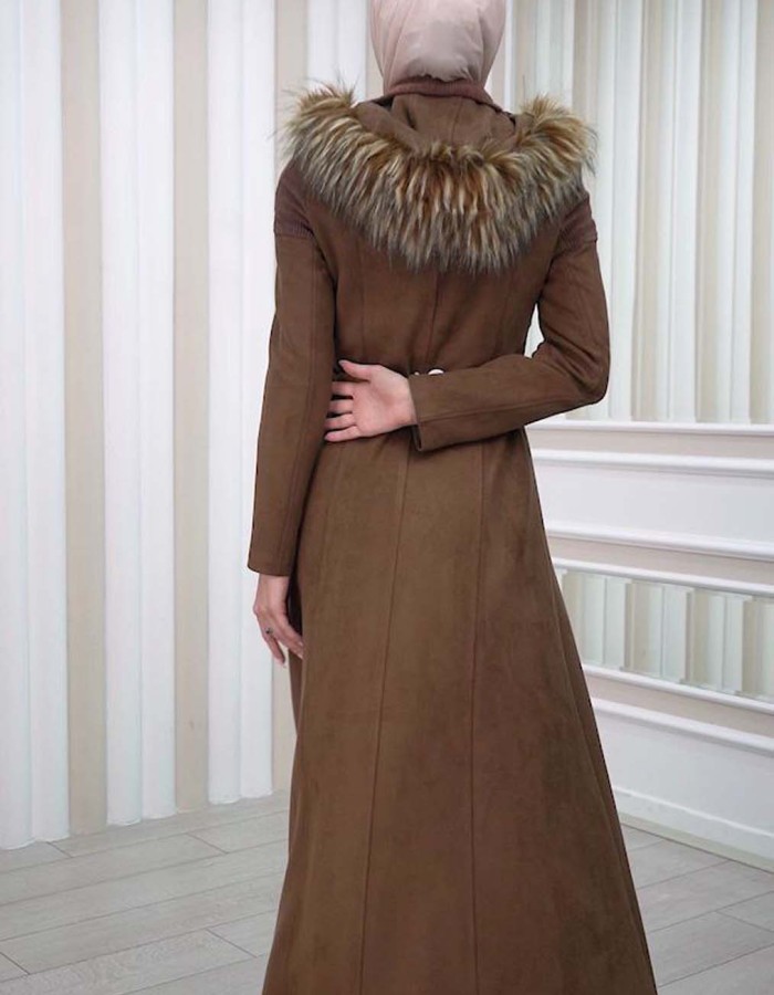 HOODED ZIPPERED HIJAB TOPCOAT 1332 Kahverengi