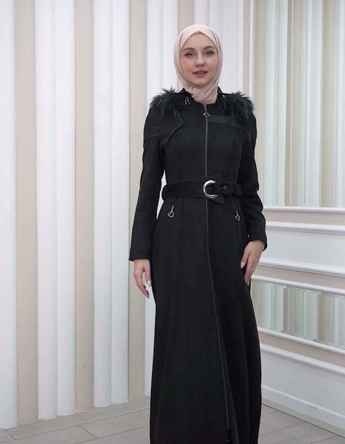 HOODED ZIPPERED HIJAB TOPCOAT 1332 - black