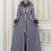 HOODED FUR SLEEVE BELT LEATHER COAT 1349 - gray
