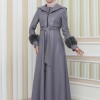 HOODED FUR SLEEVE BELT LEATHER COAT 1349 - gray