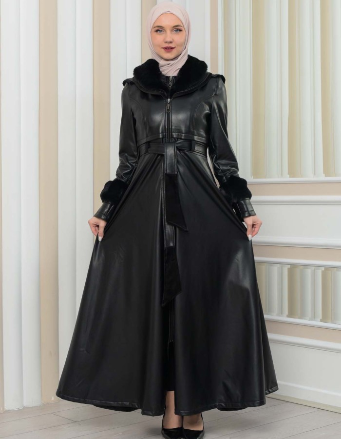 HOODED FUR SLEEVE BELT LEATHER COAT 1349 - black