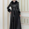 HOODED FUR SLEEVE BELT LEATHER COAT 1349 - black