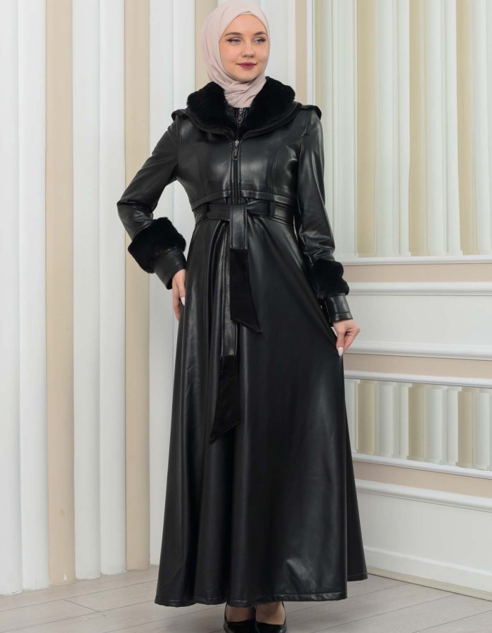 HOODED FUR SLEEVE BELT LEATHER COAT 1349 - black