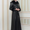 HOODED FUR SLEEVE BELT LEATHER COAT 1349 - black