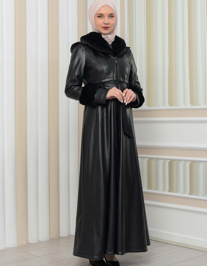 HOODED FUR SLEEVE BELT LEATHER COAT 1349 - black