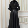 HOODED FUR SLEEVE BELT LEATHER COAT 1349 - black