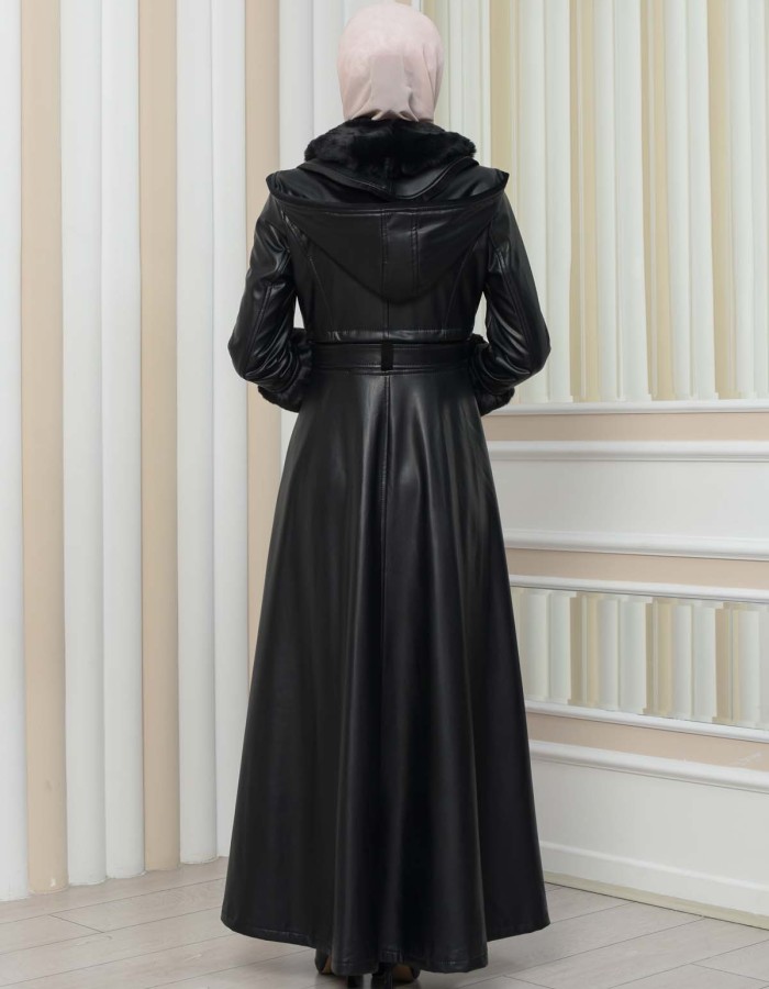 HOODED FUR SLEEVE BELT LEATHER COAT 1349 - black