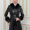 HOODED FUR SLEEVE BELT LEATHER COAT 1349 - black