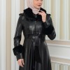 HOODED FUR SLEEVE BELT LEATHER COAT 1349 - black