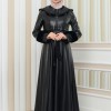 HOODED FUR SLEEVE BELT LEATHER COAT 1349 - black
