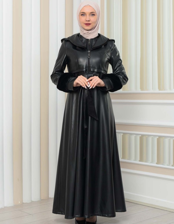 HOODED FUR SLEEVE BELT LEATHER COAT 1349 - black