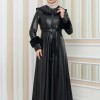 HOODED FUR SLEEVE BELT LEATHER COAT 1349 - black
