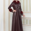 HOODED FUR SLEEVE BELT LEATHER COAT 1349 - burgundy