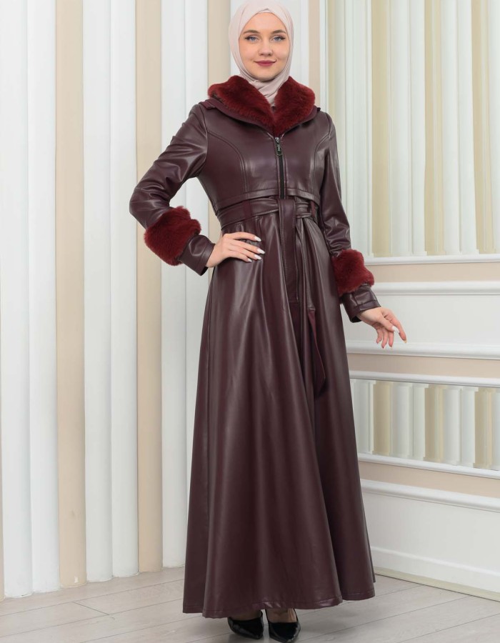HOODED FUR SLEEVE BELT LEATHER COAT 1349 - burgundy