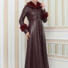 HOODED FUR SLEEVE BELT LEATHER COAT 1349 - burgundy