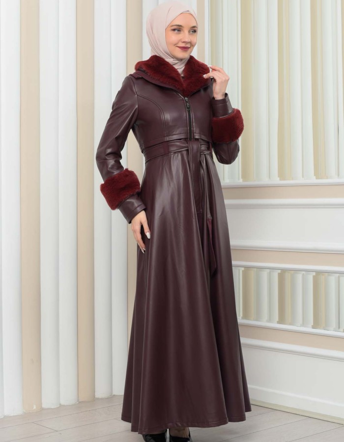 HOODED FUR SLEEVE BELT LEATHER COAT 1349 - burgundy