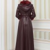 HOODED FUR SLEEVE BELT LEATHER COAT 1349 - burgundy