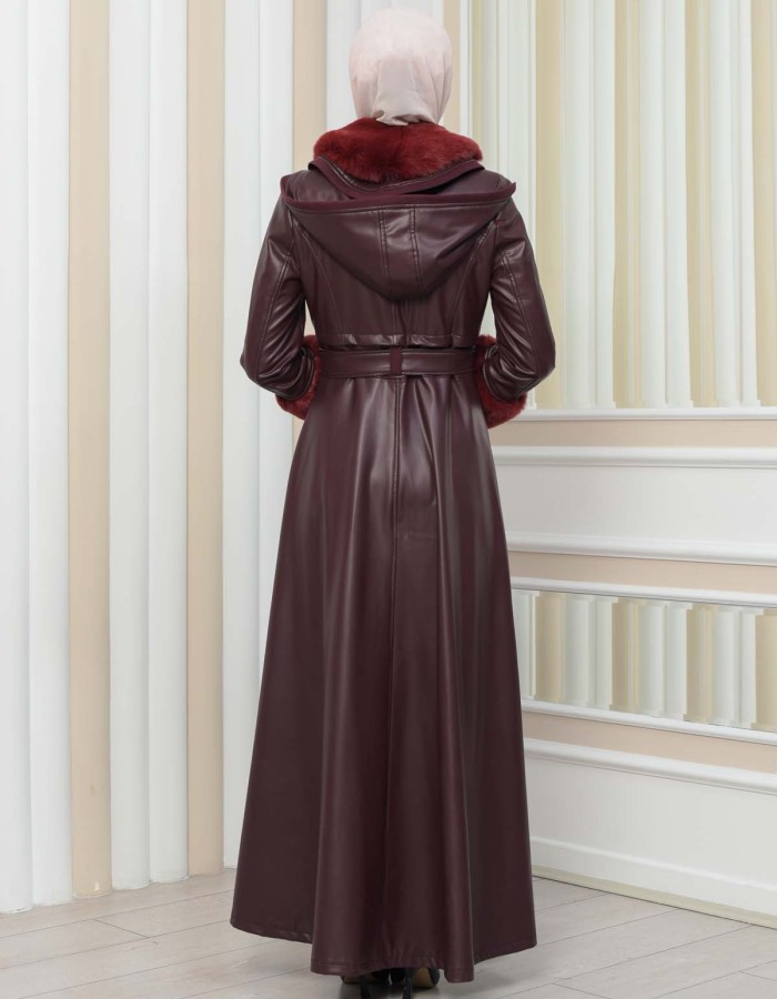 HOODED FUR SLEEVE BELT LEATHER COAT 1349 - burgundy