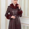 HOODED FUR SLEEVE BELT LEATHER COAT 1349 - burgundy