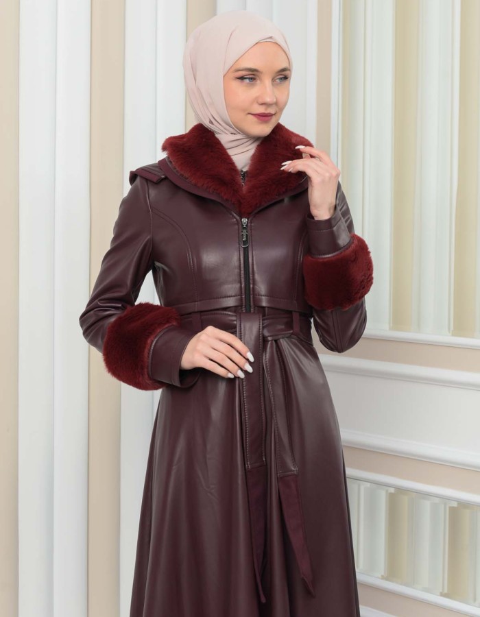 HOODED FUR SLEEVE BELT LEATHER COAT 1349 - burgundy